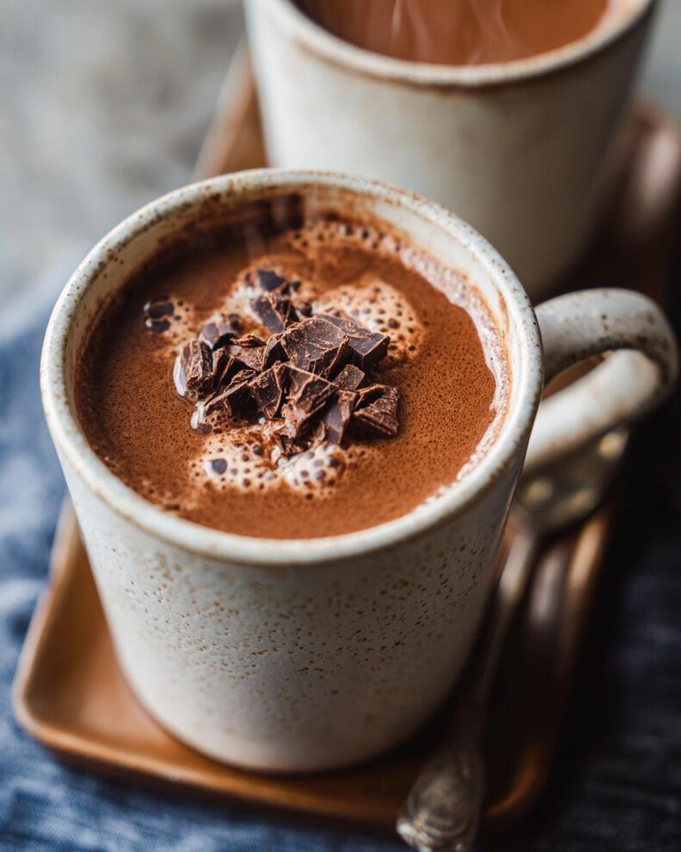 Close-up of a steaming mug filled with Cozy Hot Chocolate (Healthy Version), topped with chocolate shavings.