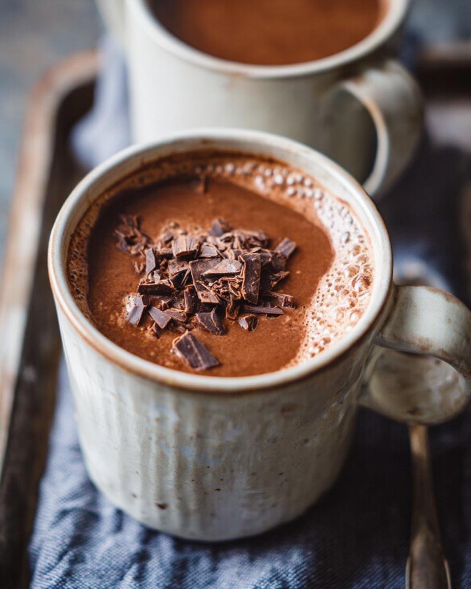 Close-up of a mug filled with rich Cozy Hot Chocolate (Healthy Version) topped with dark chocolate shavings.