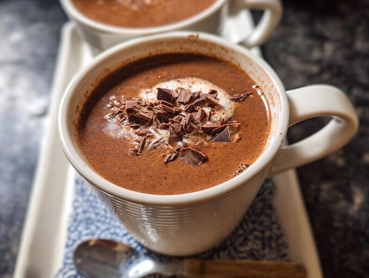 Close-up of a mug filled with rich Cozy Hot Chocolate topped with cream and dark chocolate shavings.