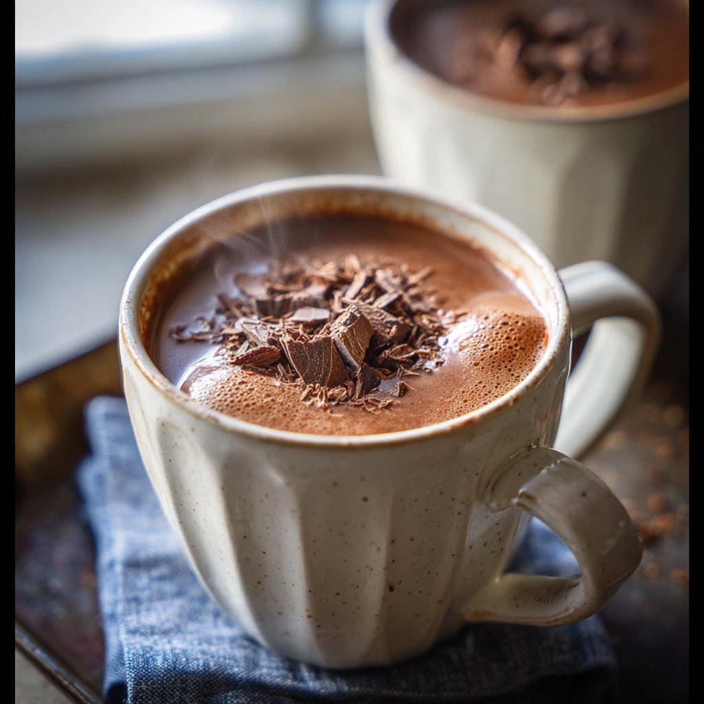 Close-up of a mug filled with steaming Cozy Hot Chocolate, topped with dark chocolate shavings.