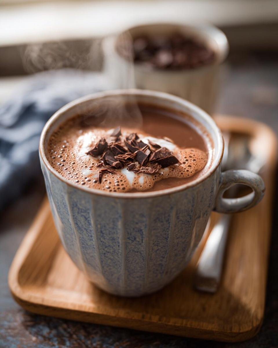 Close-up of a steaming mug of Cozy Hot Chocolate (Healthy Version) topped with whipped cream and chocolate shavings.