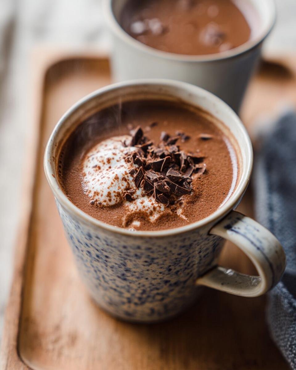 Close-up of a steaming mug of Cozy Hot Chocolate topped with whipped cream and dark chocolate shavings.