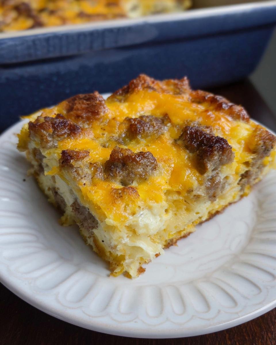 Close-up of a hearty slice of Crack Breakfast Casserole topped with melted cheddar cheese and sausage chunks.