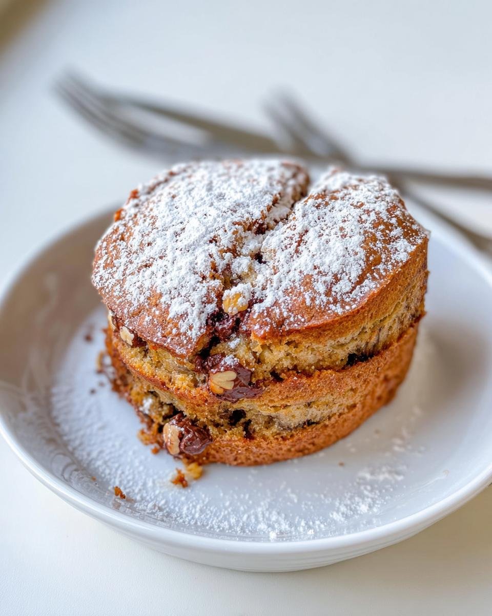 A single, tall serving of Crave-Worthy banana bread, dusted heavily with powdered sugar, on a white plate.
