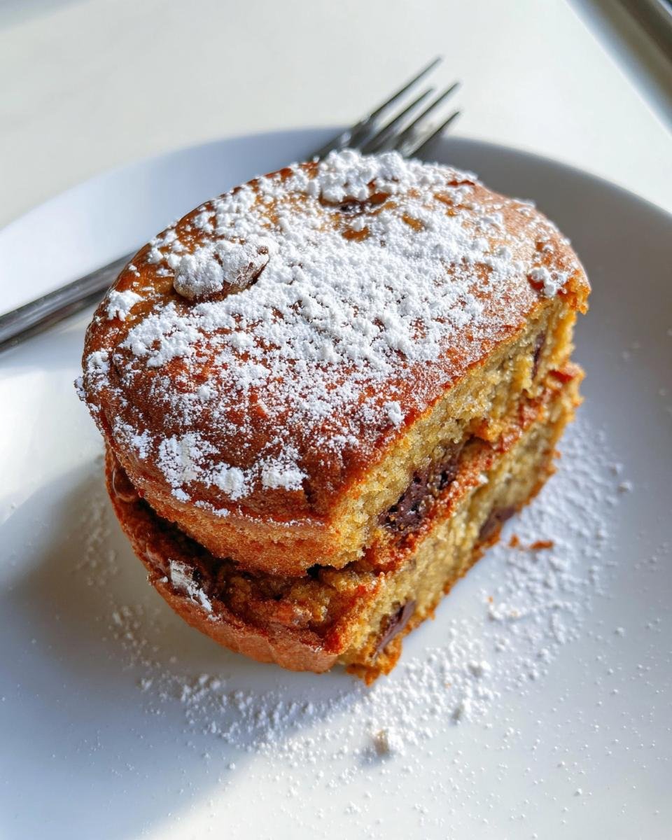 Close-up of a moist slice of Crave-Worthy banana bread dusted heavily with powdered sugar on a white plate.