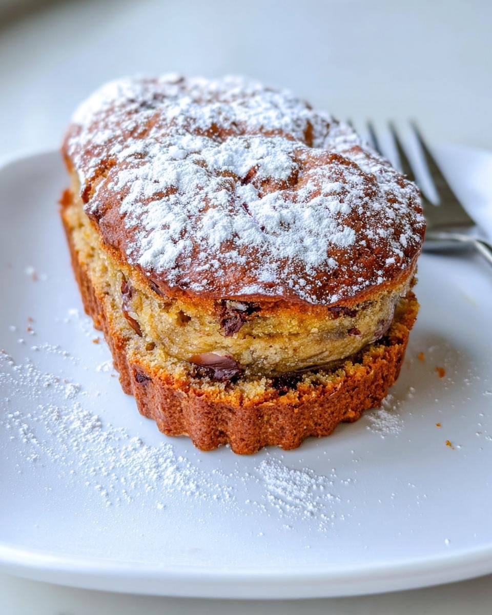 A close-up of a slice of Crave-Worthy banana bread, dusted heavily with powdered sugar, served on a white plate.