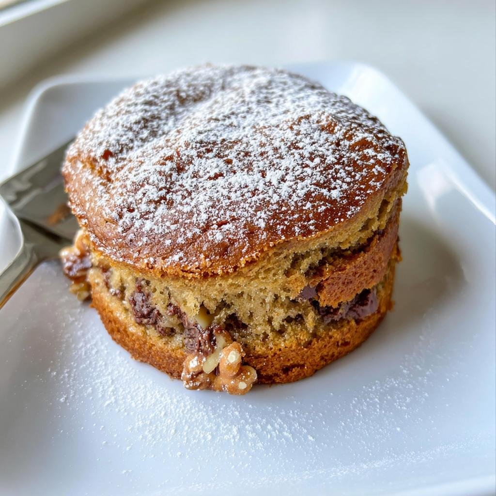 A thick, round slice of Crave-Worthy banana bread filled with chocolate chips and walnuts, dusted with powdered sugar.