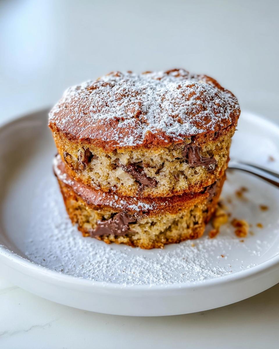A stack of two moist banana bread portions filled with chocolate spread, dusted with powdered sugar.