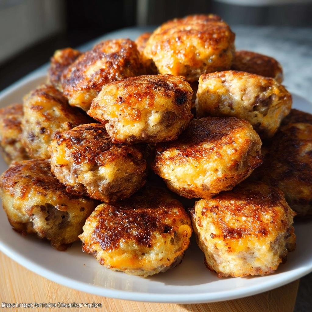 A close-up of a mound of golden-brown, savory Copycat McGriddle Bites piled high on a white plate.