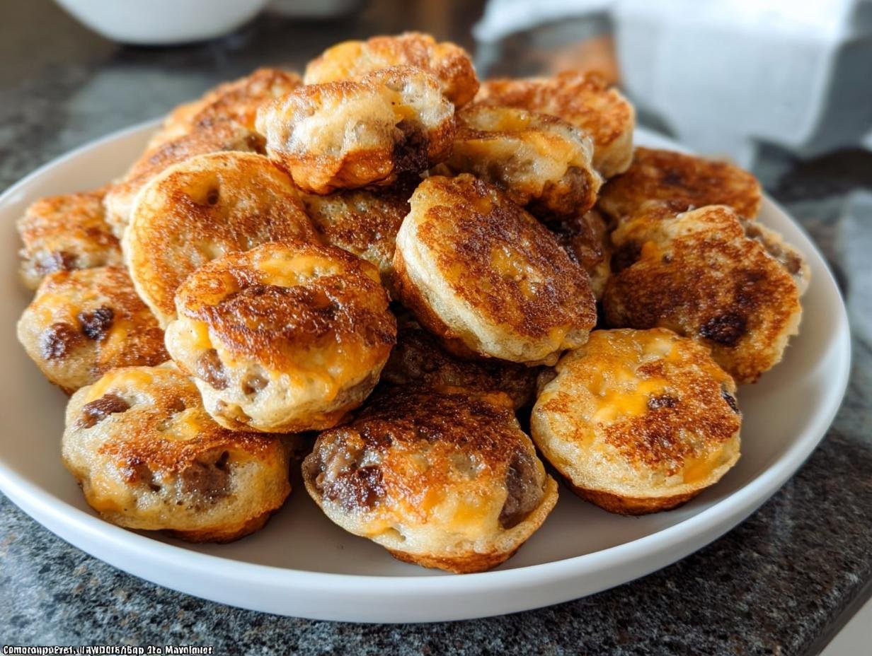 A mound of golden-brown Copycat McGriddle Bites piled high on a white dish, featuring sausage and melted cheese.