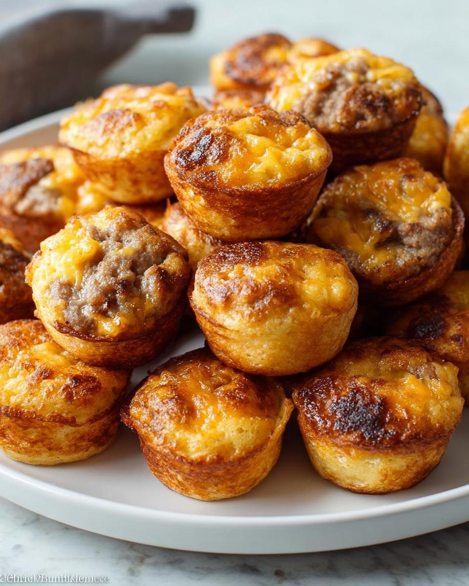 A close-up stack of golden-brown Copycat McGriddle Bites featuring sausage and melted cheese.