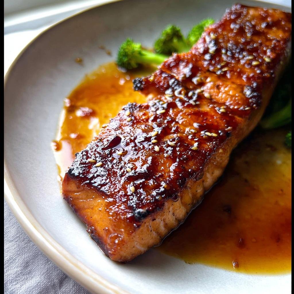 A close-up of a Crave-Worthy salmon recipe piece with a crispy, shiny honey garlic glaze and sesame seeds.