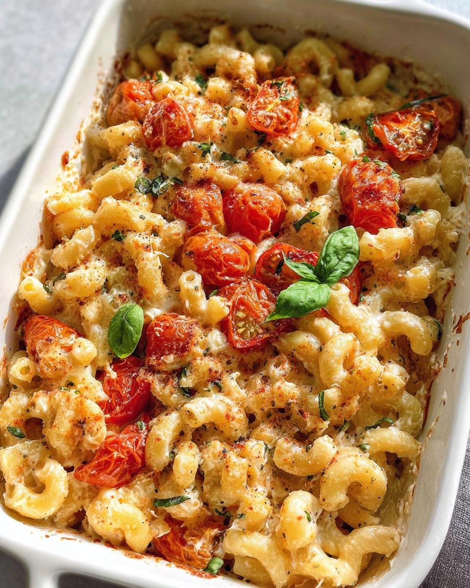 Close-up of baked pasta with roasted tomatoes and creamy sauce, showcasing the Creamy Baked Feta Pasta recipe.