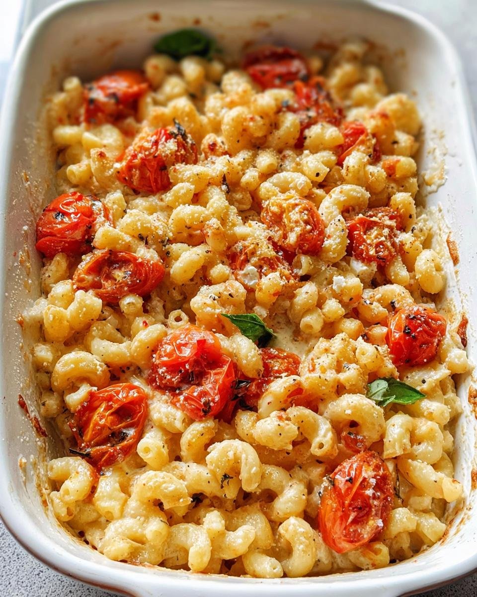 Close-up of hot Creamy Baked Feta Pasta with roasted cherry tomatoes in a white baking dish.