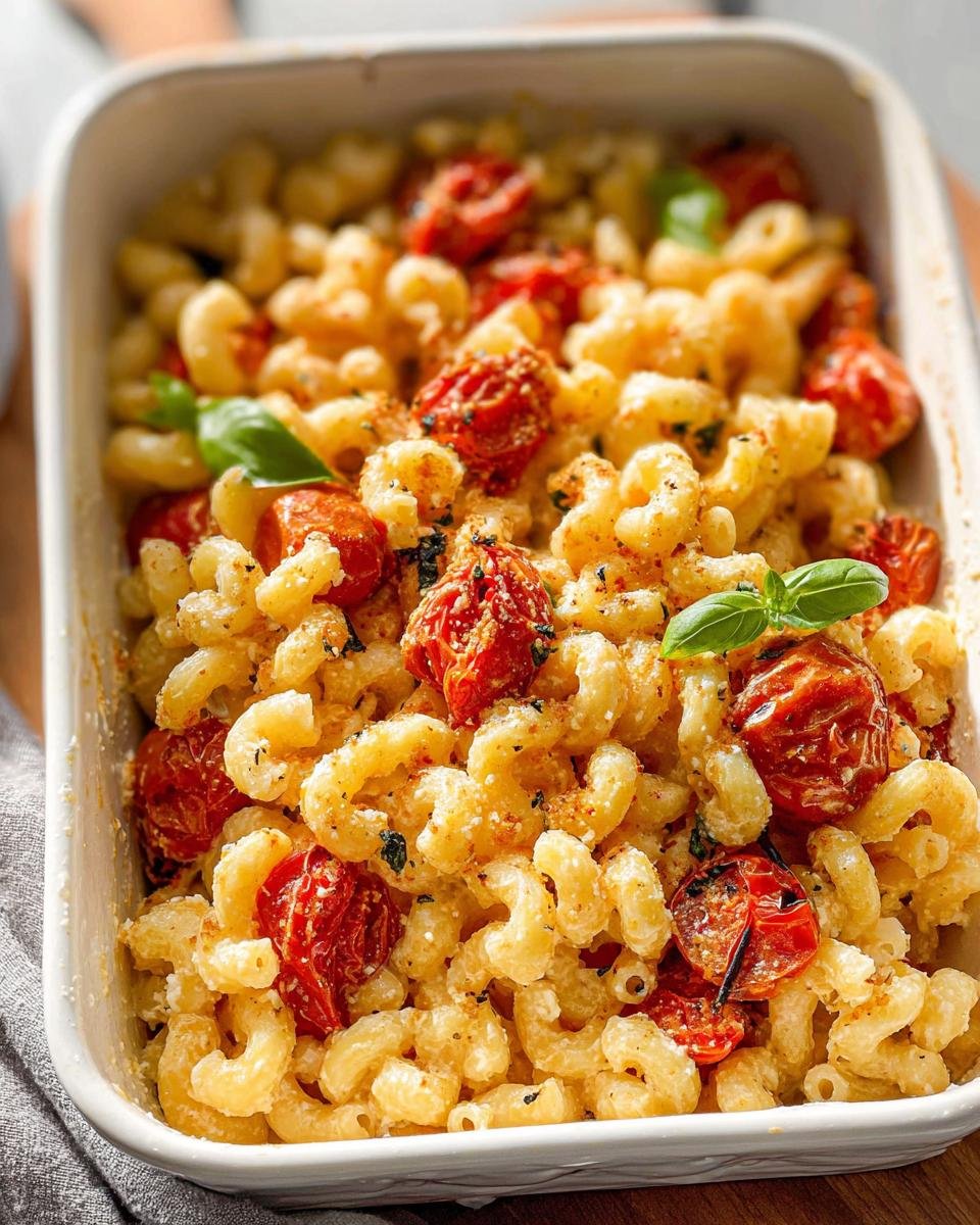Close-up of Creamy Baked Feta Pasta with roasted cherry tomatoes and fresh basil in a white baking dish.