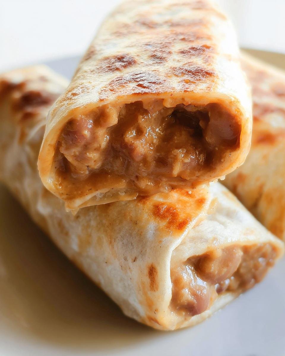 Close-up of a cheesy, creamy bean burrito cut in half, perfect for Easy Healthy Dinner Recipes.