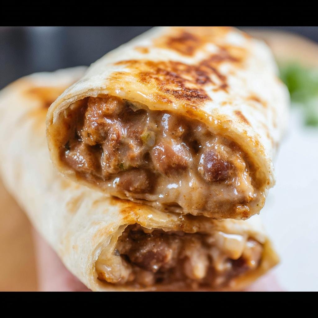 Close-up of a cheesy, creamy bean-filled burrito cut in half, perfect for Easy Healthy Dinner Recipes.