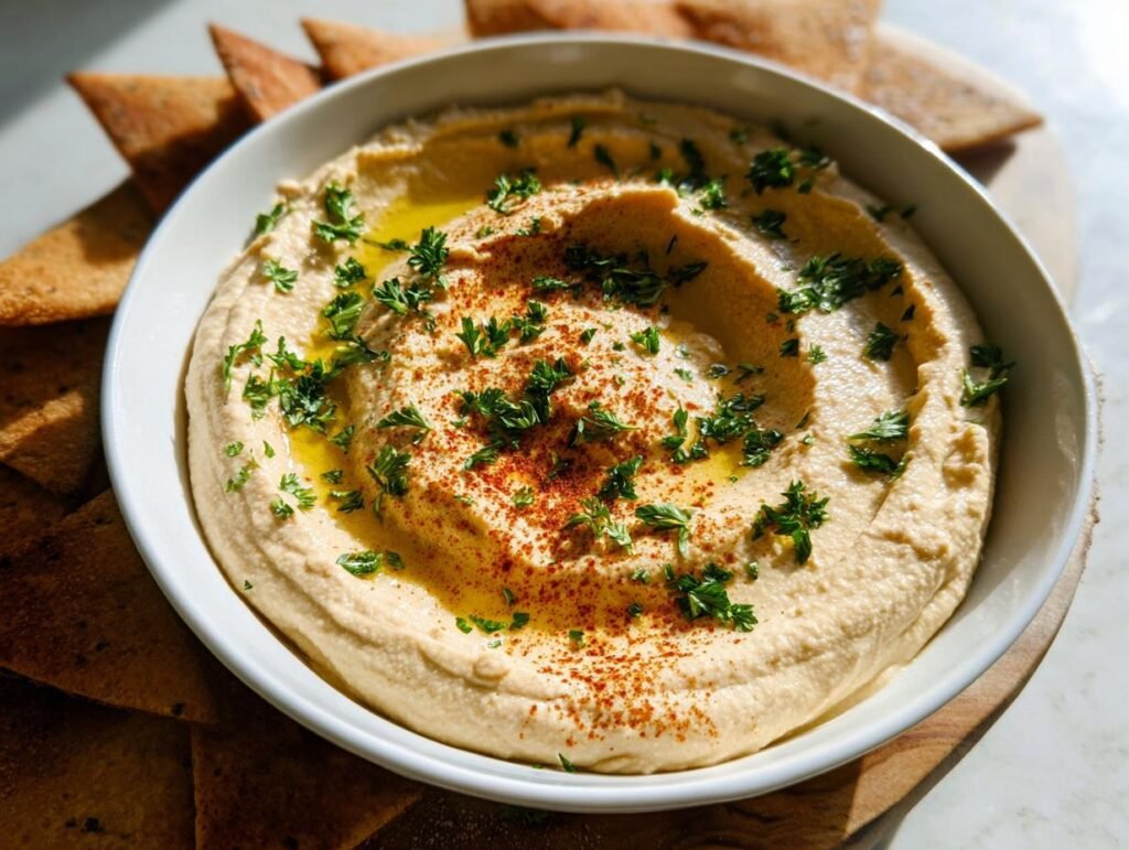 A bowl of creamy Homemade Hummus Recipe garnished with olive oil, paprika, and fresh parsley, served with pita chips.