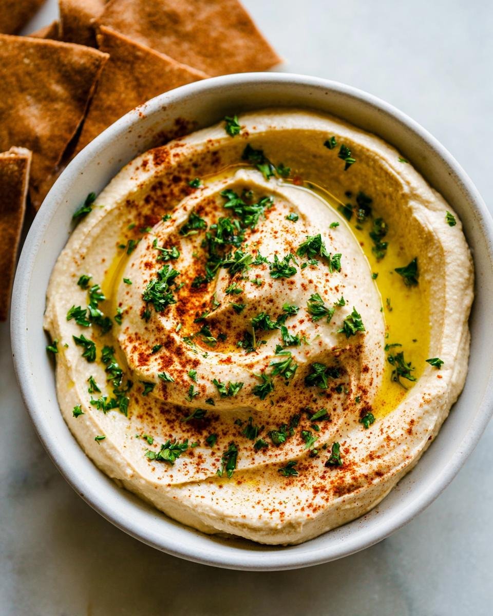 A bowl of creamy Homemade Hummus Recipe swirled and topped with olive oil, paprika, and fresh chopped parsley, served with pita bread.
