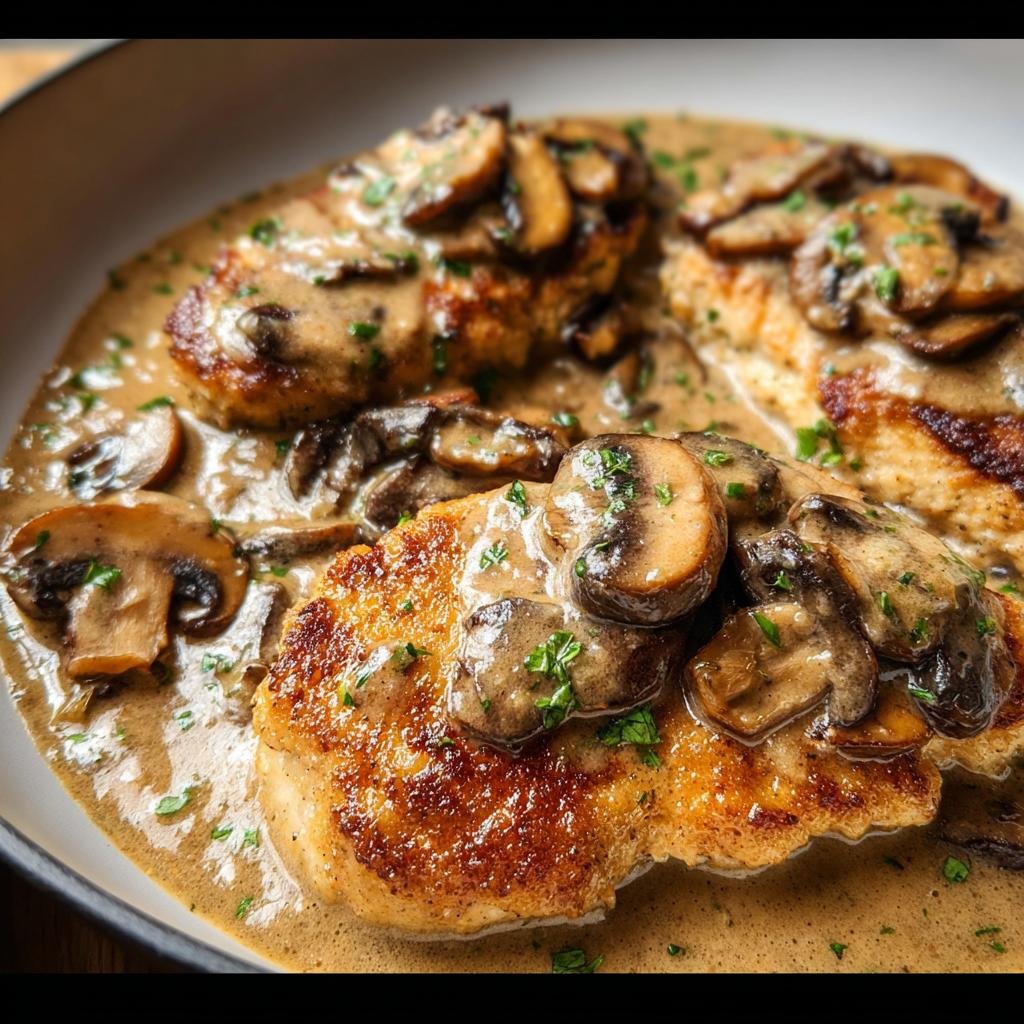 Three golden-brown chicken cutlets smothered in a rich, creamy mushroom sauce and garnished with fresh parsley.