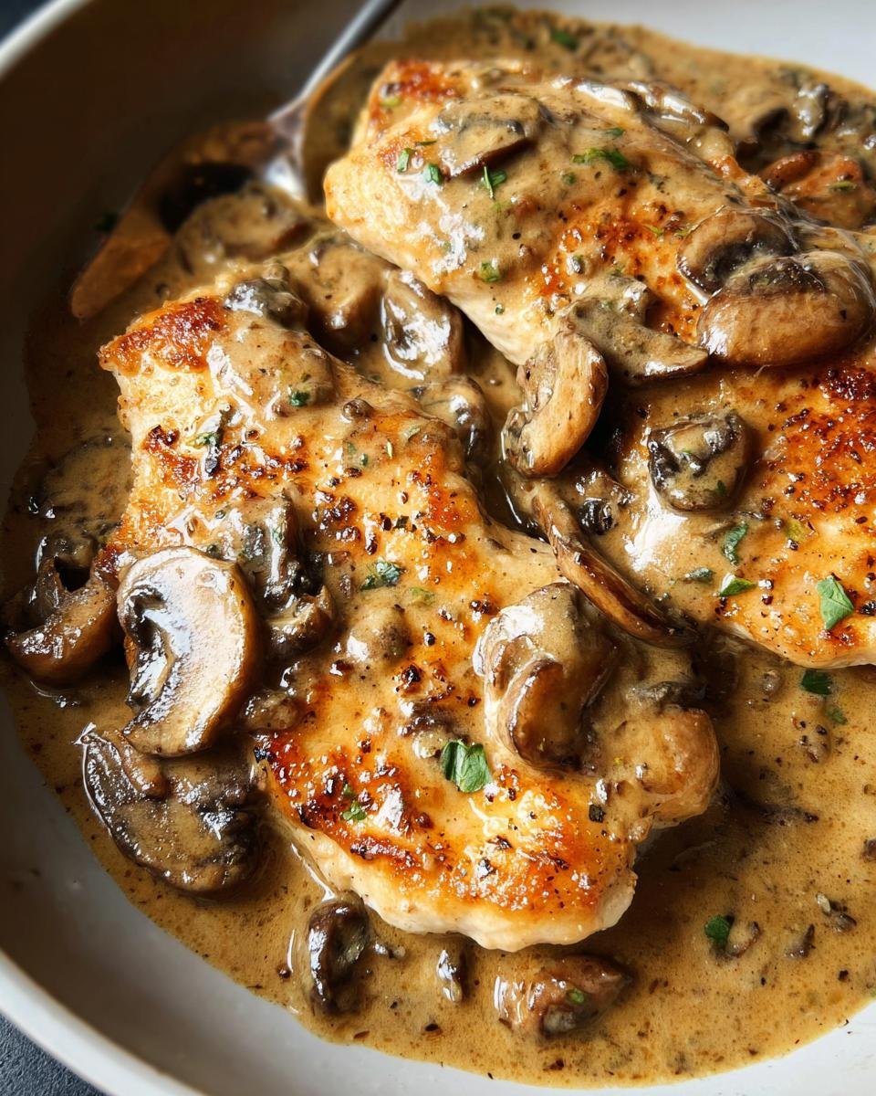 Close-up of seared chicken breasts smothered in a rich, creamy mushroom sauce, featuring sliced mushrooms and herbs.
