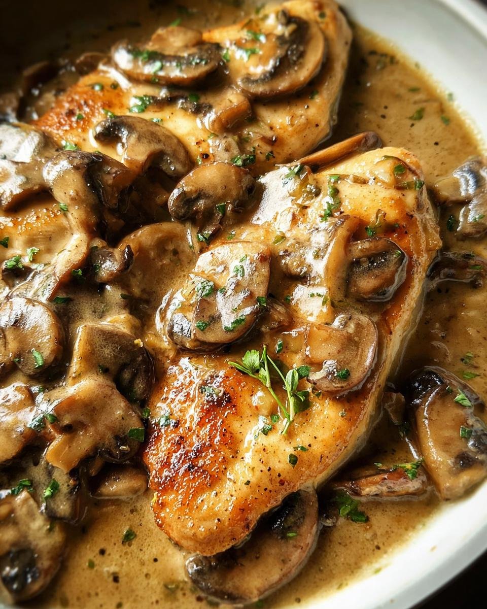 Two golden-brown chicken breasts smothered in a rich, creamy mushroom sauce and garnished with parsley.
