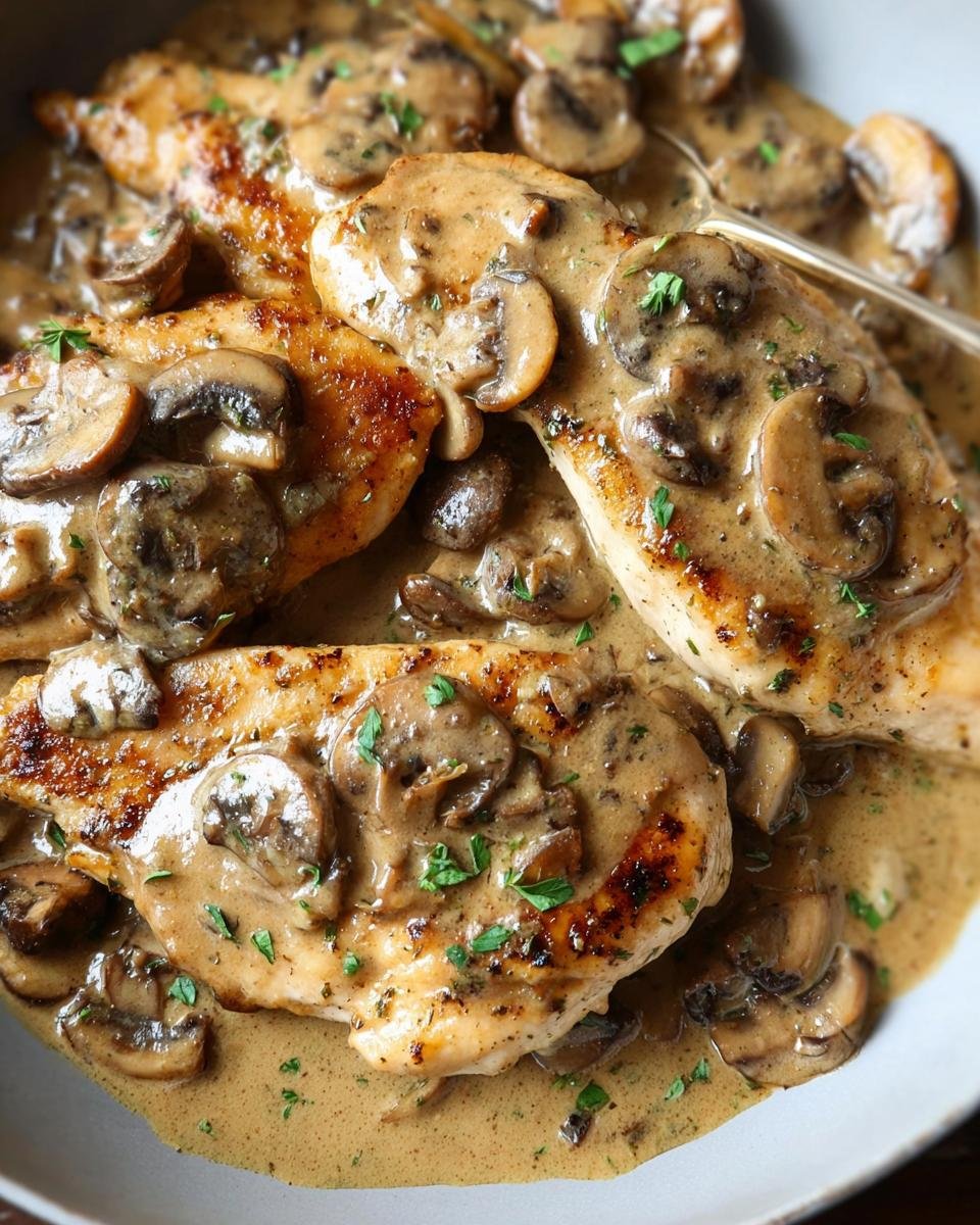 Close-up of seared chicken breasts smothered in a rich, creamy mushroom sauce, garnished with parsley.
