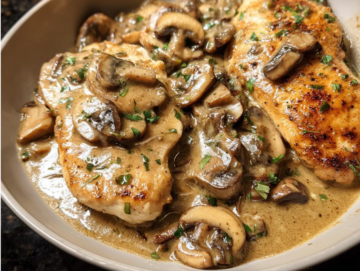 Close-up of seared chicken breasts smothered in a rich, creamy mushroom sauce, featuring sliced mushrooms and parsley.