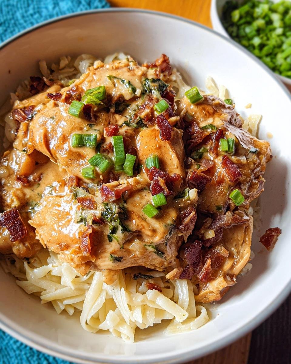 Close-up of creamy oven baked chicken thighs served over pasta and topped with bacon bits and green onions.