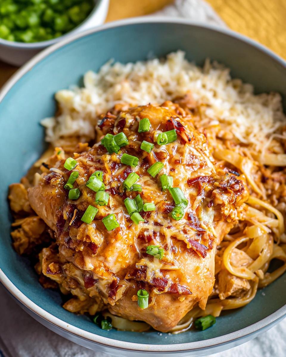 Close-up of a creamy oven baked chicken thigh topped with melted cheese, bacon bits, and green onions, served over pasta.