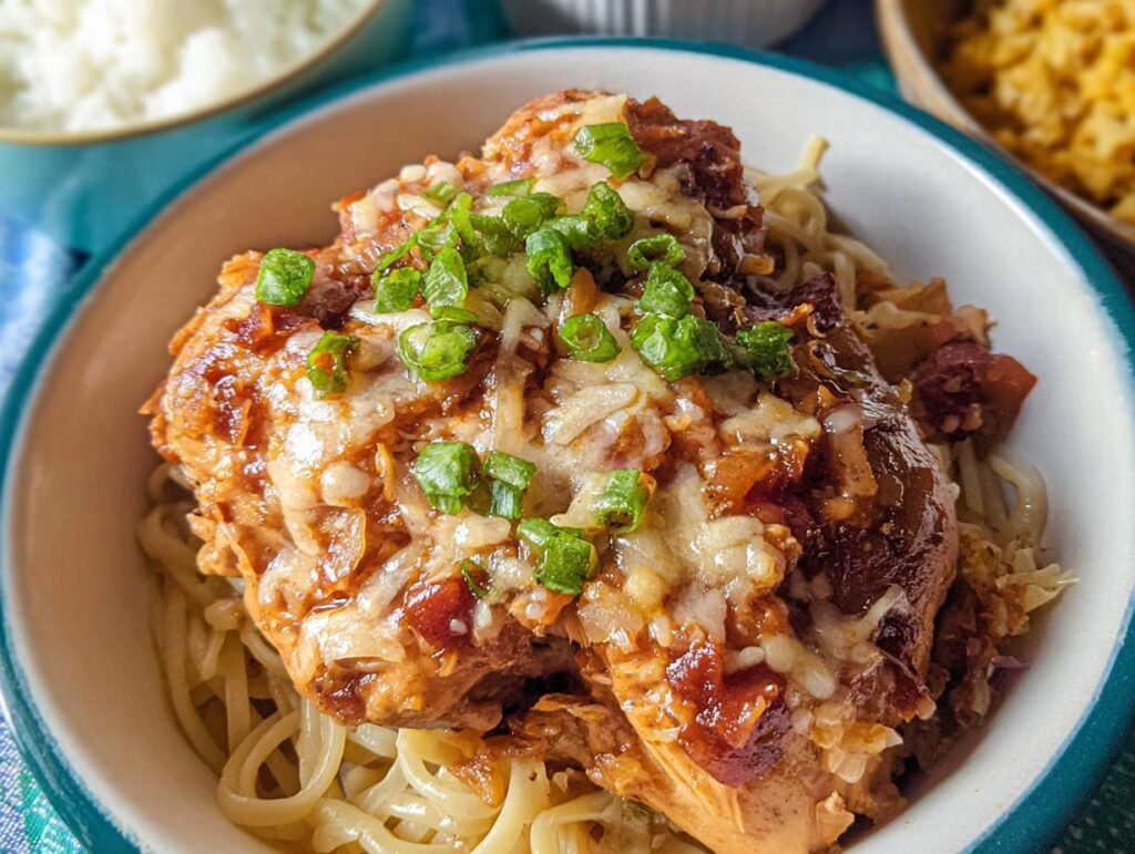 Close-up of creamy oven baked chicken thighs topped with melted cheese and green onions, served over pasta.