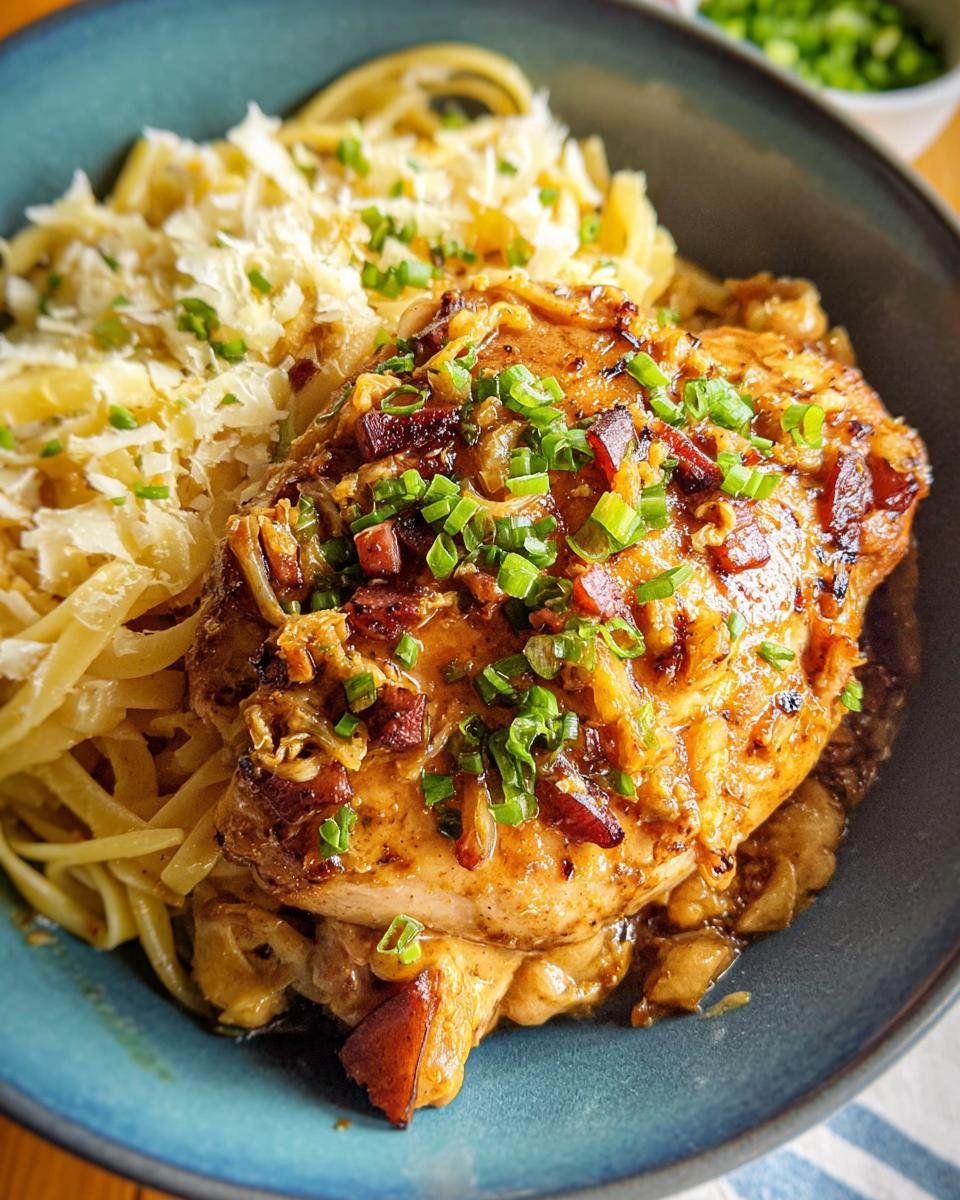 Close-up of creamy oven baked chicken thighs served over fettuccine pasta topped with cheese and chives.