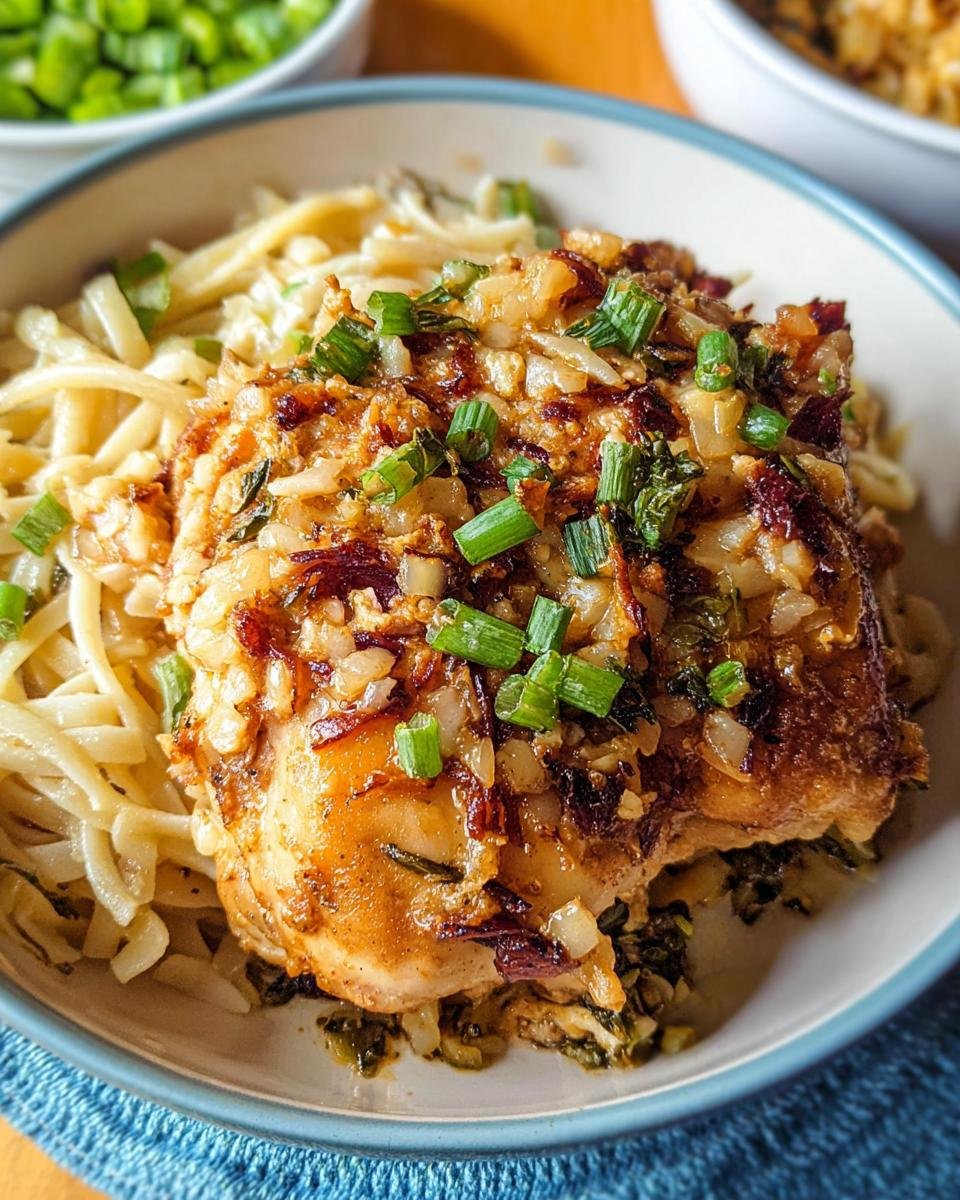 Close-up of Creamy Oven Baked Chicken Thighs served over pasta and topped with caramelized onions and green onions.