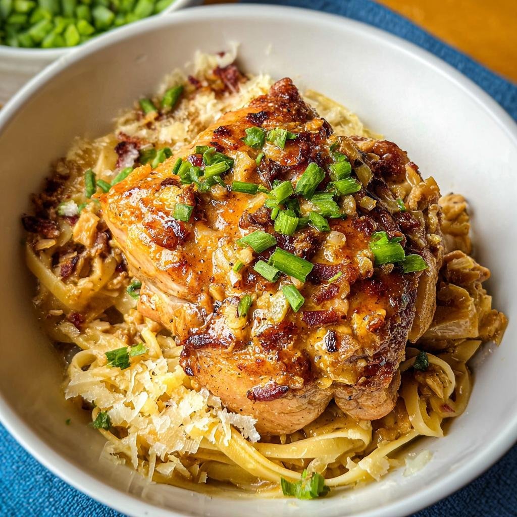 Close-up of Creamy Oven Baked Chicken Thighs served over fettuccine pasta, topped with bacon bits and chives.