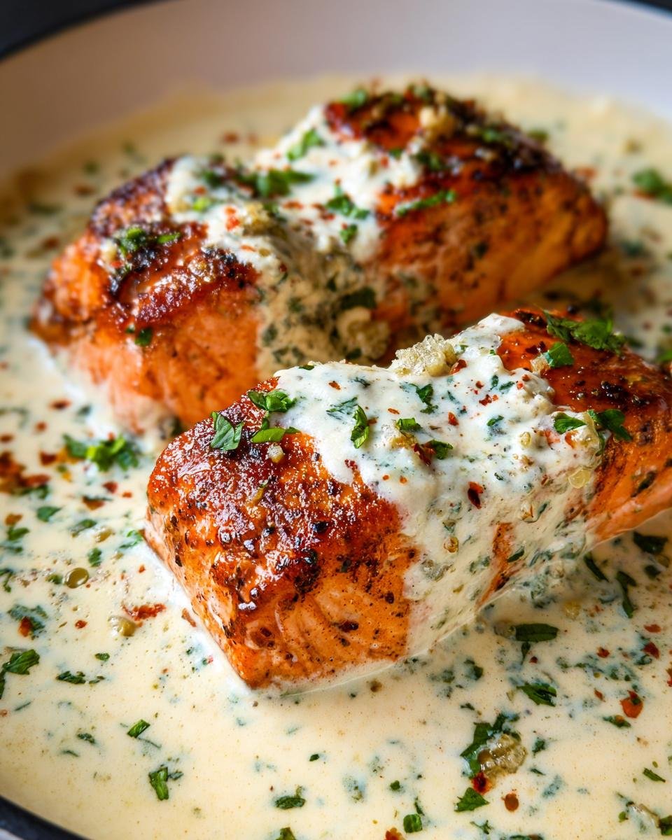 Two perfectly cooked salmon fillets covered in a creamy garlic sauce, ideal for a Valentine’s Day Dinner for Two.