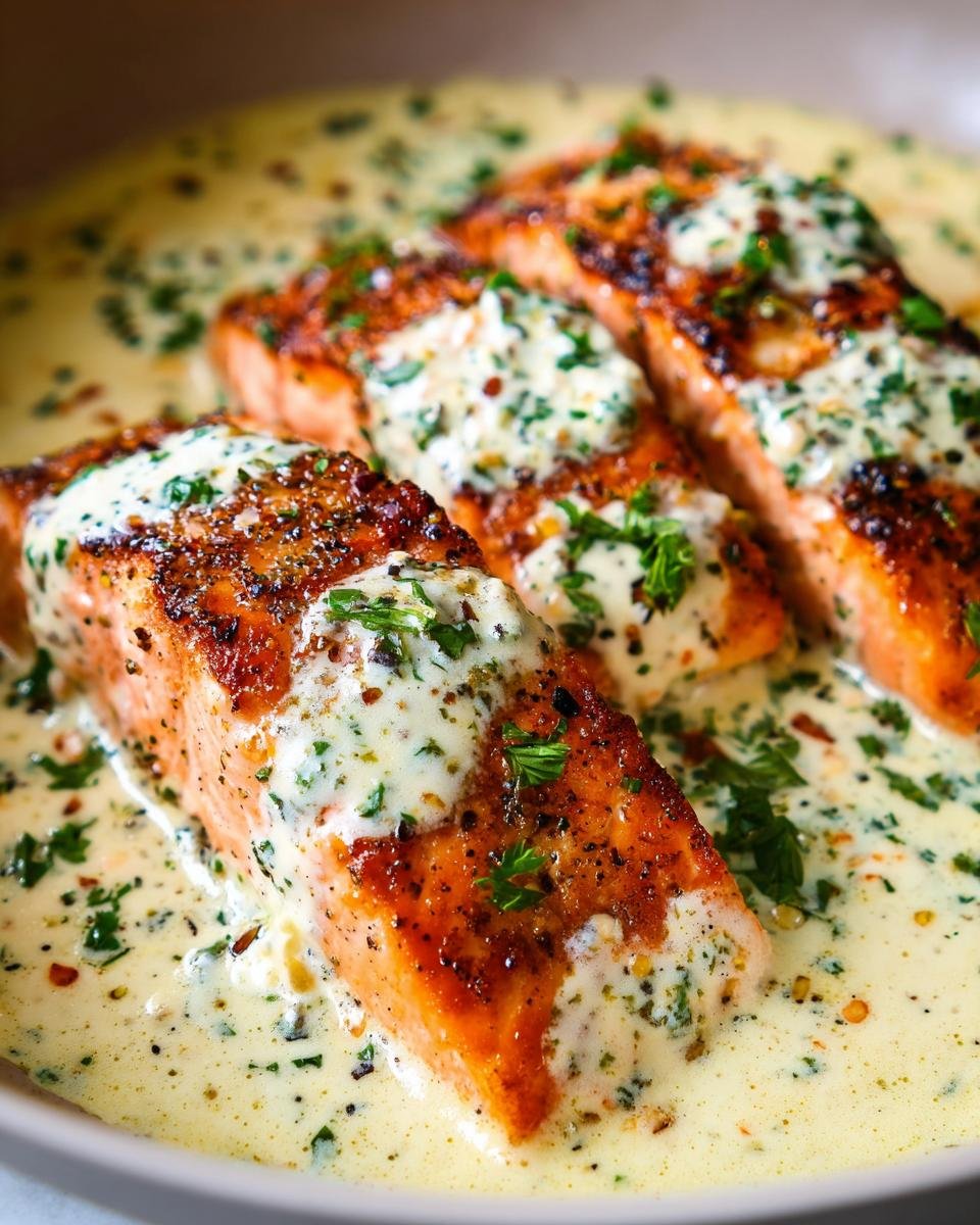 Close-up of three pan-seared salmon fillets covered in a creamy garlic sauce, perfect for a Valentine’s Day Dinner for Two.