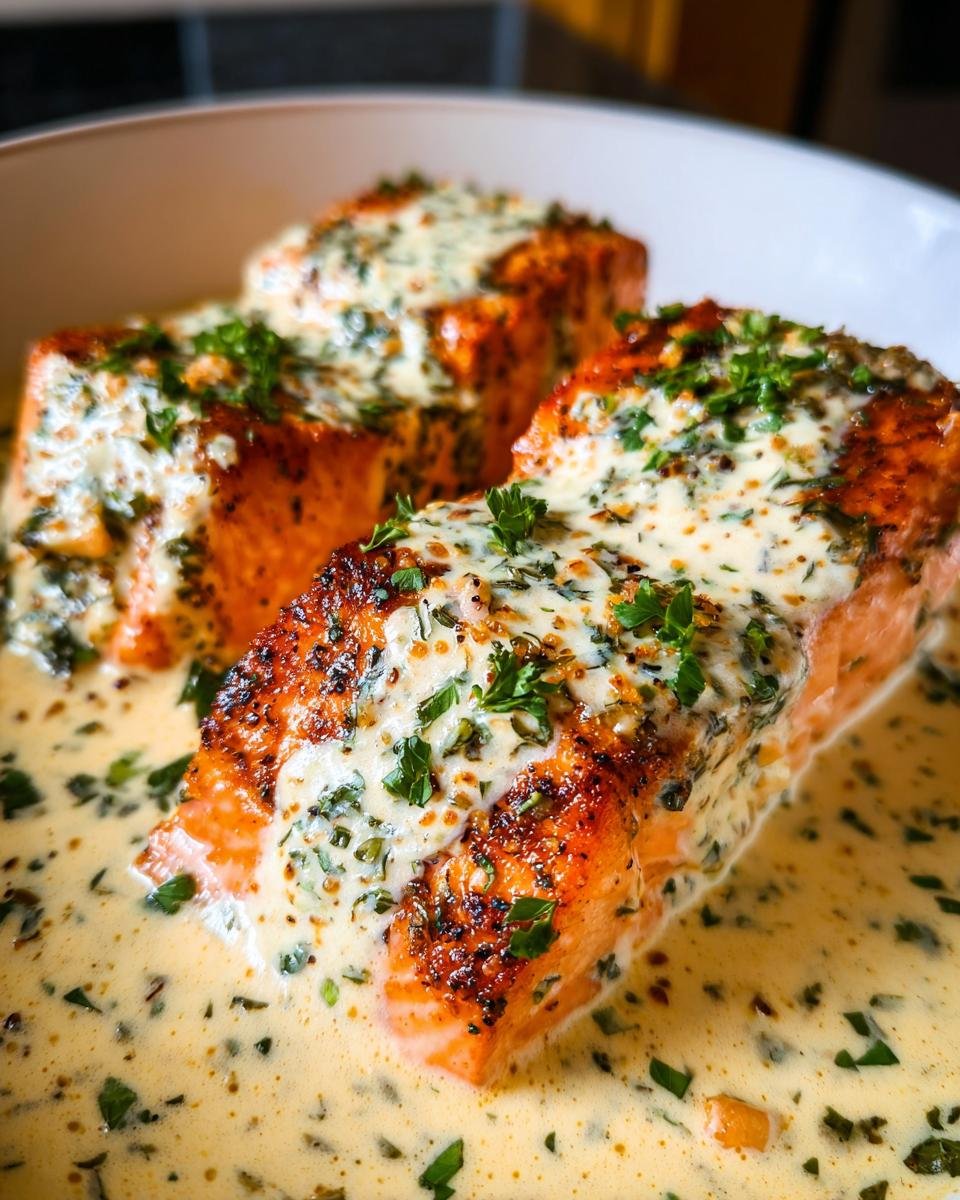 Close-up of three salmon fillets topped with creamy garlic herb sauce, perfect for a Valentine’s Day Dinner for Two.