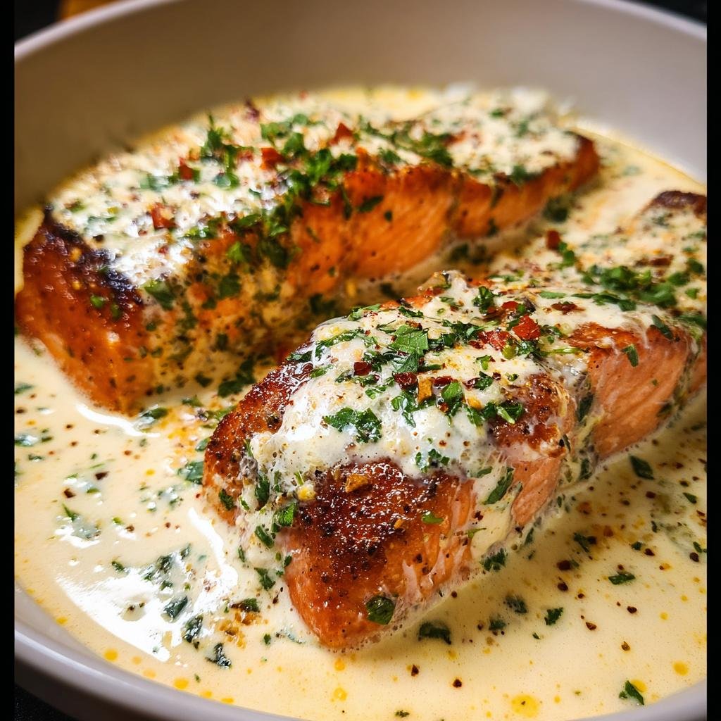 Two pan-seared salmon fillets covered in a creamy garlic sauce and fresh parsley, perfect for a Valentine’s Day Dinner for Two.