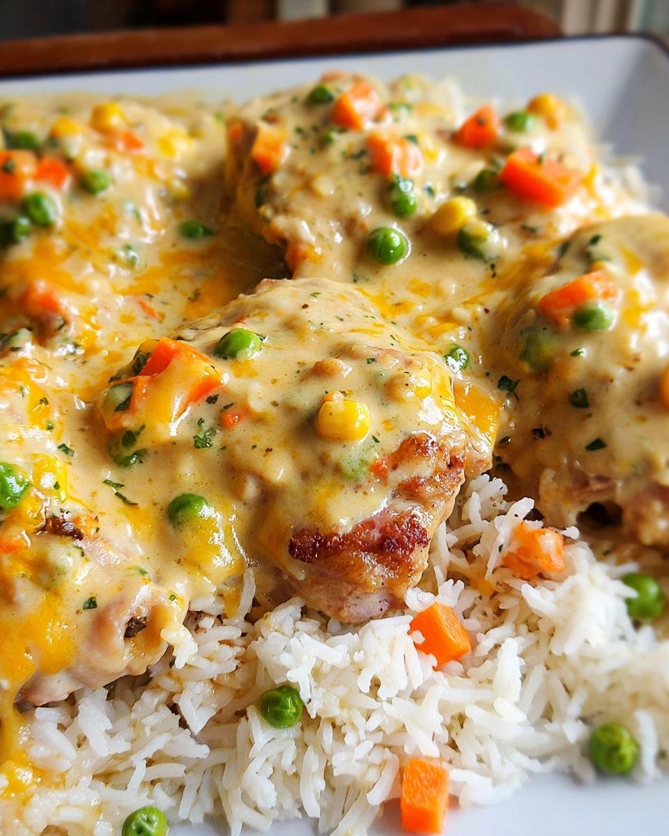 Close-up of creamy smothered chicken and rice topped with peas, carrots, and corn in a rich sauce.