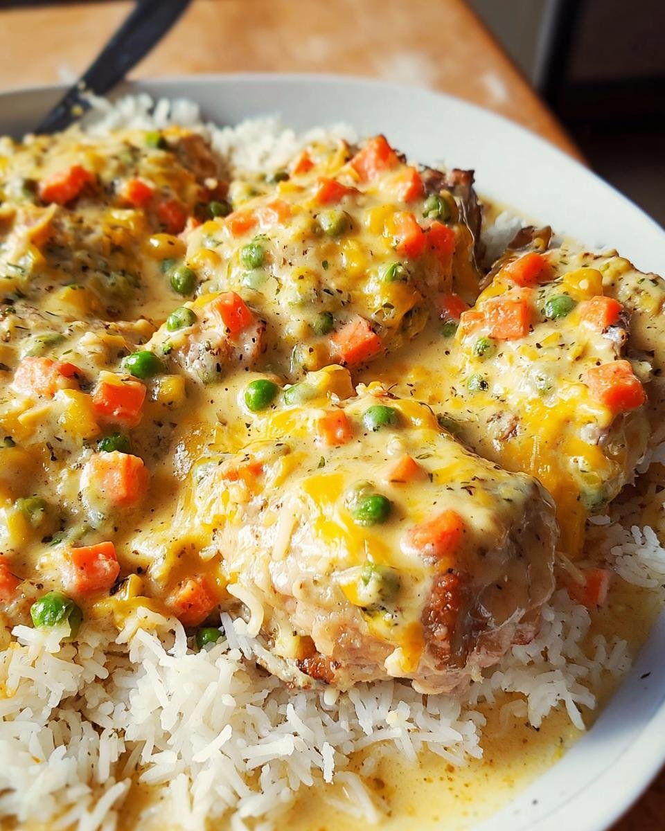 Close-up of creamy smothered chicken and rice topped with cheese, peas, and carrots.