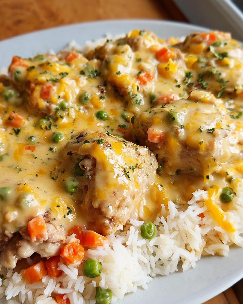 Close-up of creamy smothered chicken and rice, topped with melted cheese, peas, and carrots.