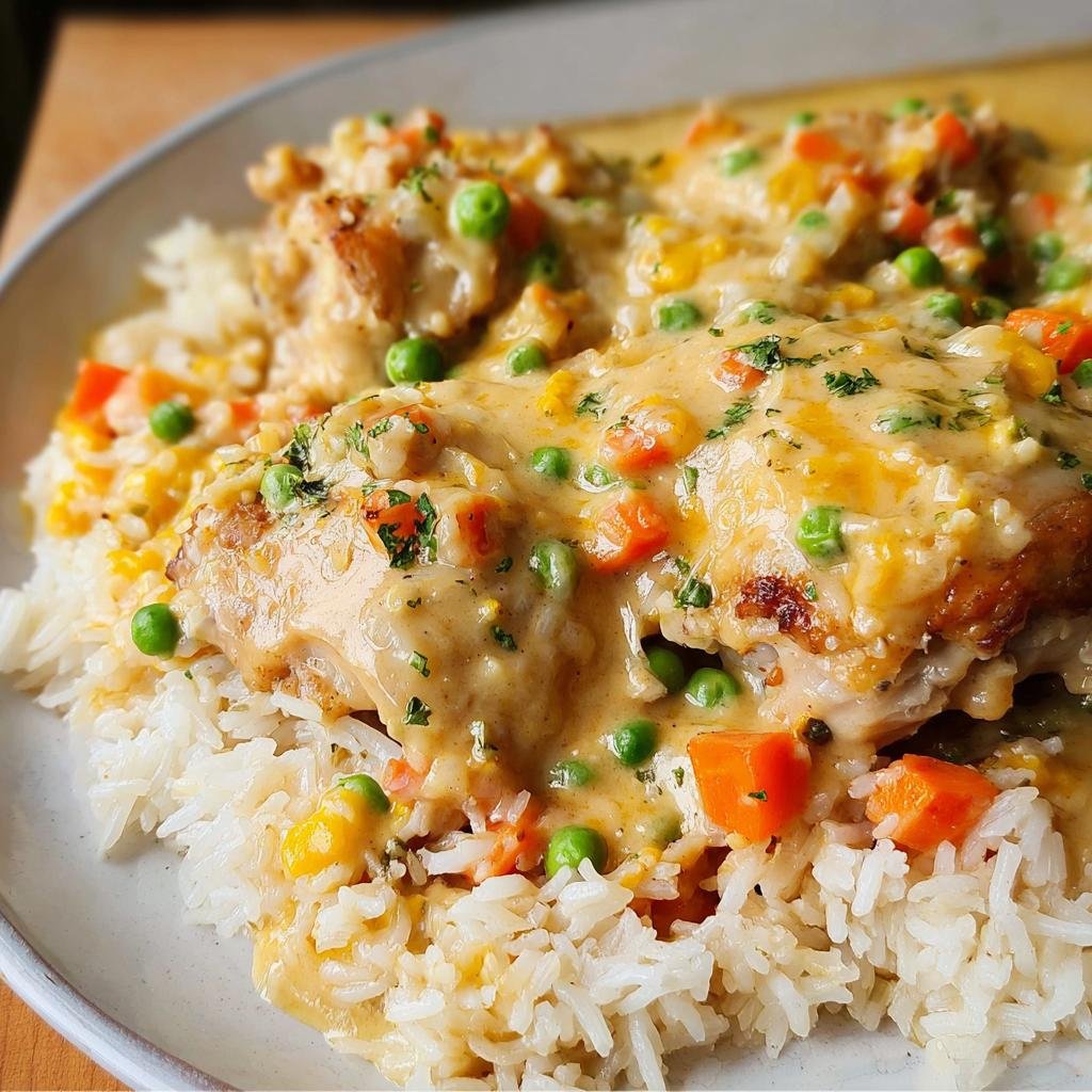 Close-up of creamy smothered chicken and rice recipe topped with peas, carrots, and corn.