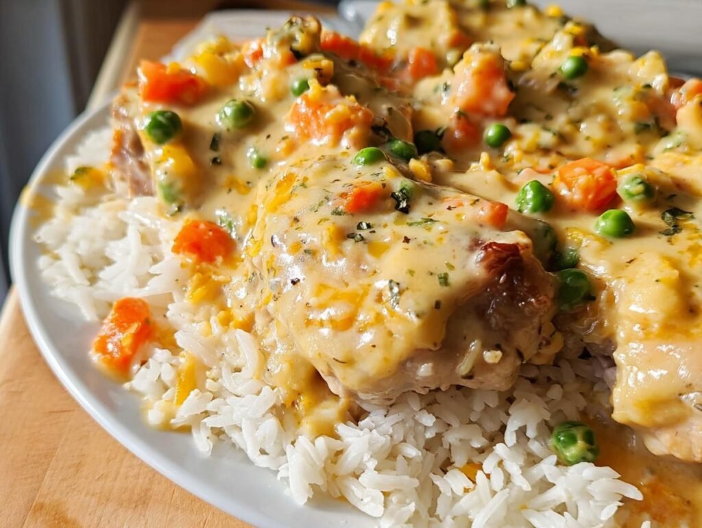 Close-up of creamy smothered chicken and rice, topped with peas and carrots in a rich sauce.