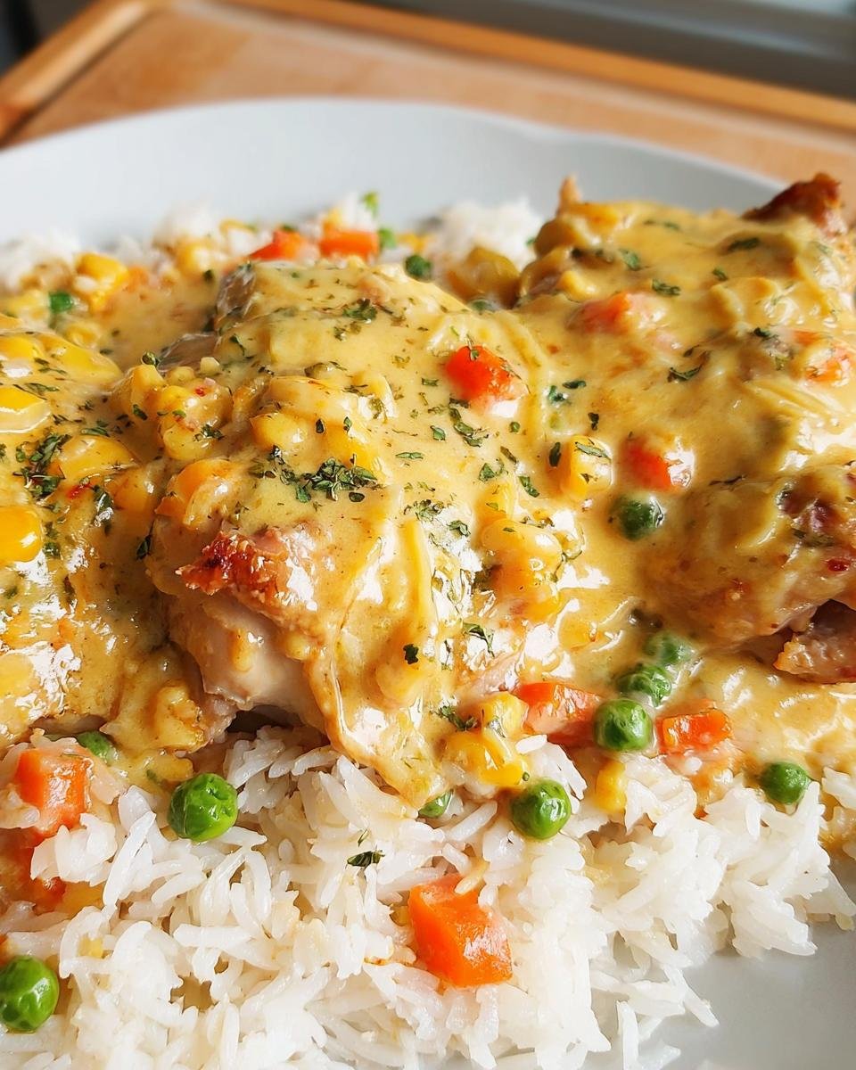 Close-up of creamy smothered chicken and rice topped with a rich sauce, corn, peas, and carrots.