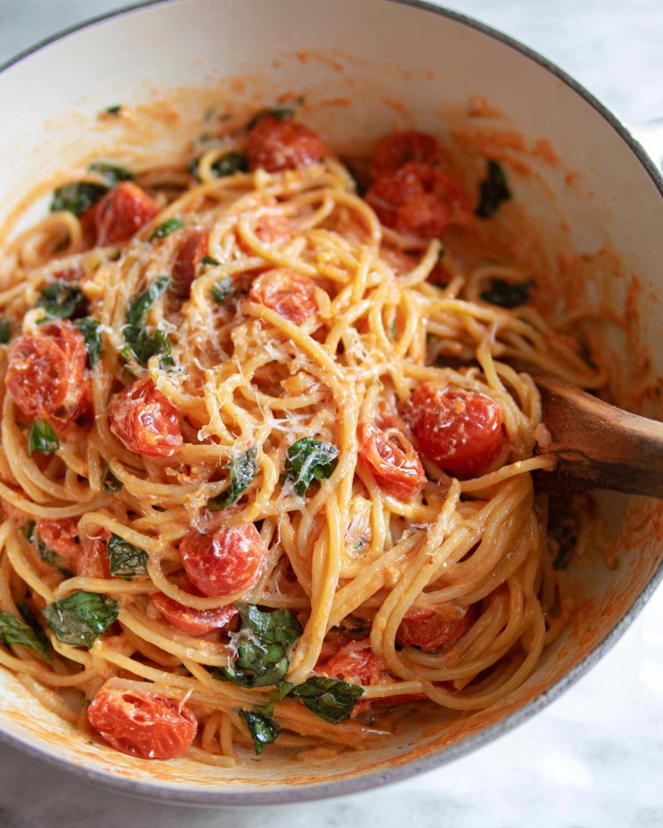 Close-up of spaghetti tossed in a creamy tomato sauce with halved cherry tomatoes and fresh basil, ready to serve the Creamy Tomato Basil Pasta.