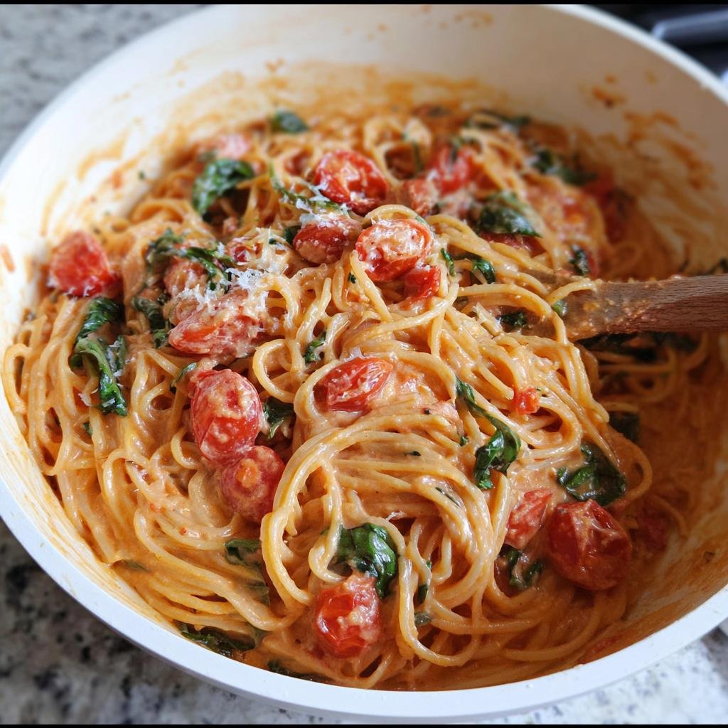 Close-up of spaghetti coated in a creamy sauce with cherry tomatoes and basil, being stirred in a white pan for Creamy Tomato Basil Pasta.