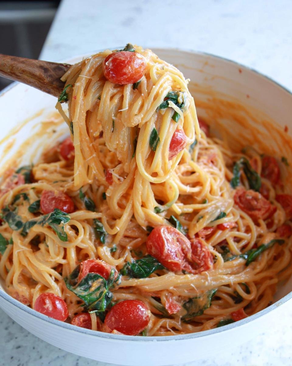 A wooden spoon lifts a generous portion of Creamy Tomato Basil Pasta coated in a rich sauce with cherry tomatoes and spinach.