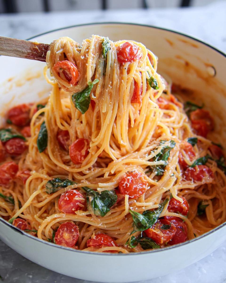 A wooden spoon lifts a generous portion of Creamy Tomato Basil Pasta coated in sauce, cherry tomatoes, and basil from a white pot.