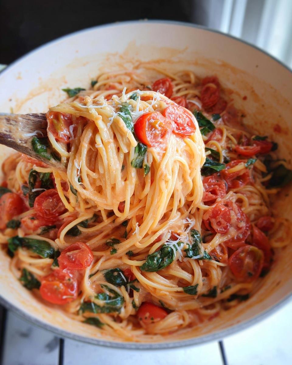 A wooden spoon lifting a generous portion of Creamy Tomato Basil Pasta from a white pot, showing cherry tomatoes and basil.