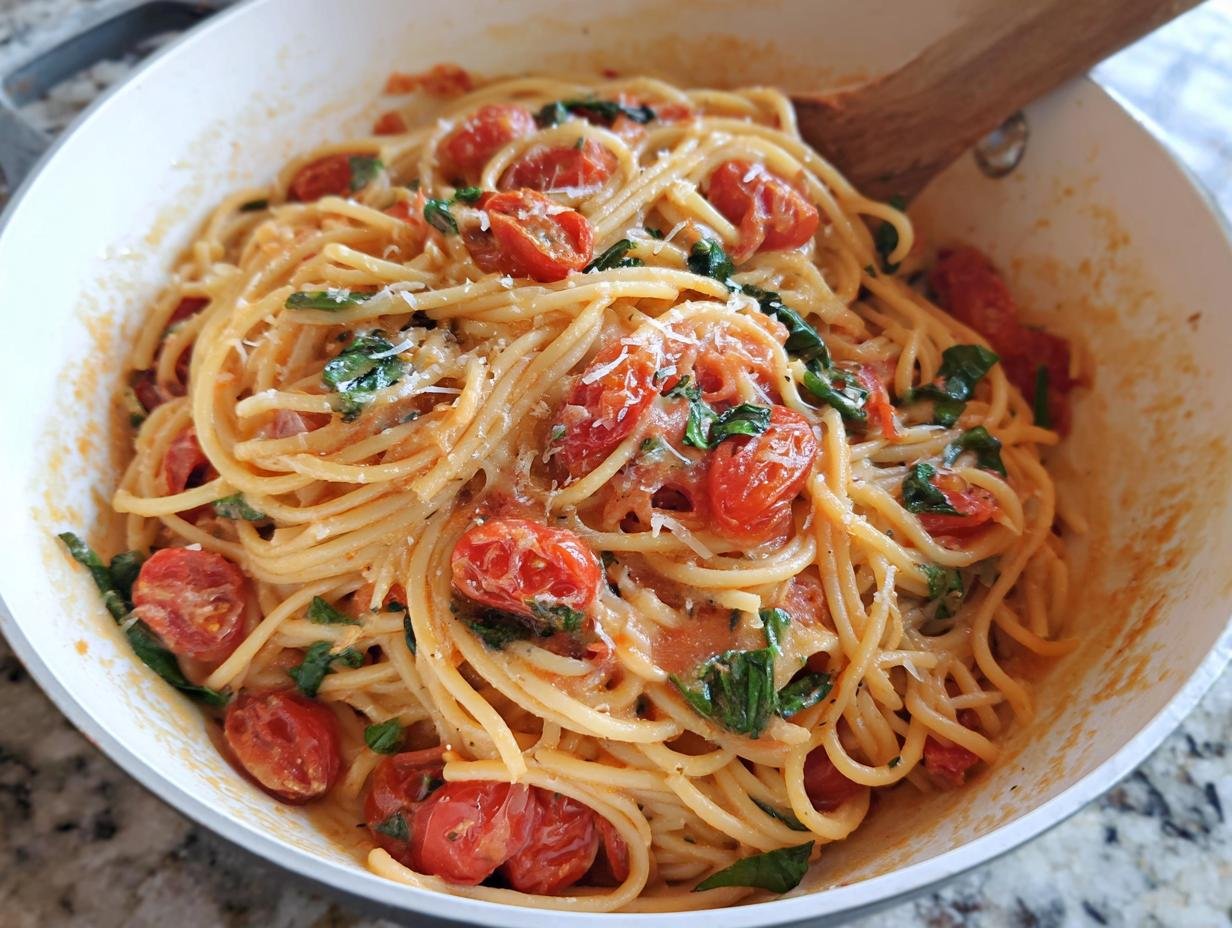 Close-up of freshly made Creamy Tomato Basil Pasta tossed with cherry tomatoes and basil in a white skillet.